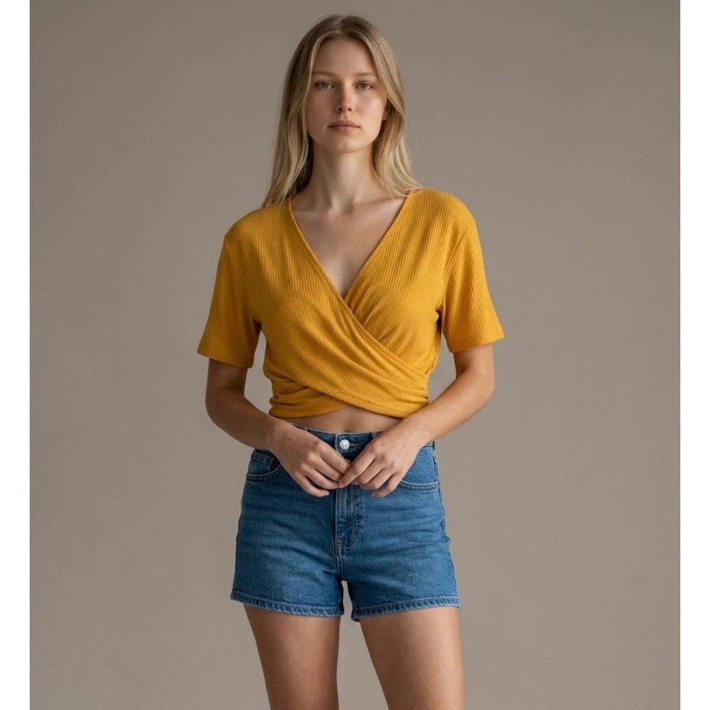 NEW Rose Gal Yellow Wrap Front Crop Top Size Large‎ Ribbed V-Neck Short Slv